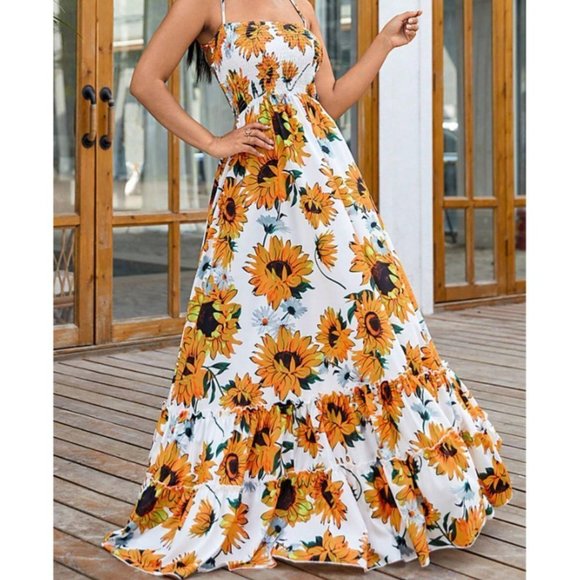 White & Yellow Boho Womens Floral Print Ruffle Hem Cami Dress - Picture 3 of 3